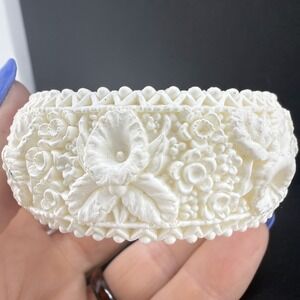 Vintage Hinged Bangle Bracelet Molded Celluloid Flower White 6" READ
